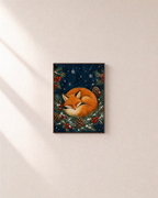 Fox Nap winter fox print: unframed print is shown framed for styling on a plain wall; frame not included