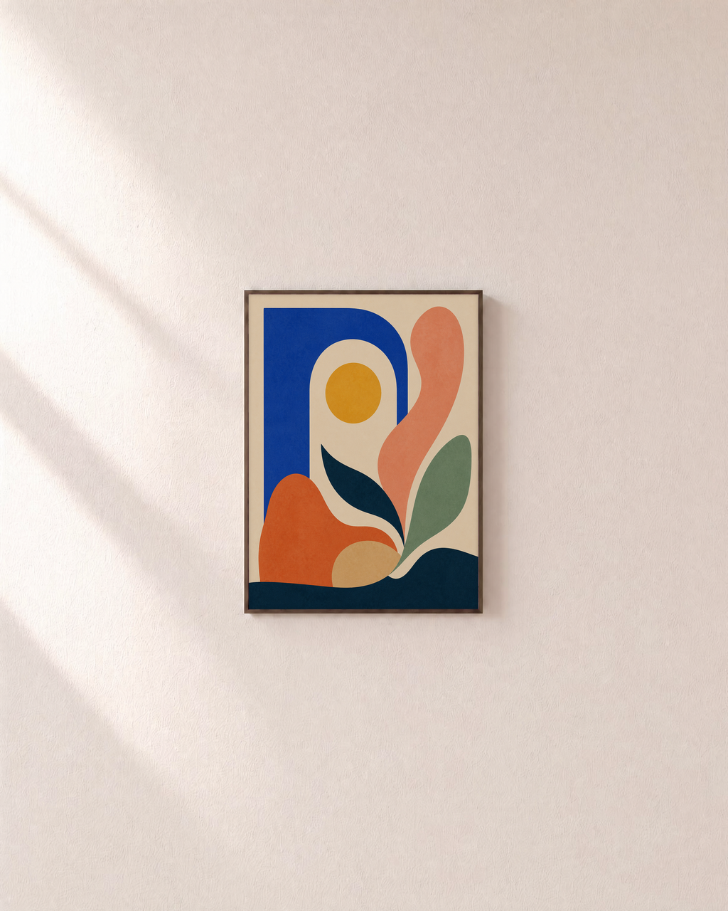 Sunleaf Arch leaf prints wall art: unframed print is shown framed for styling on a plain wall; frame not included