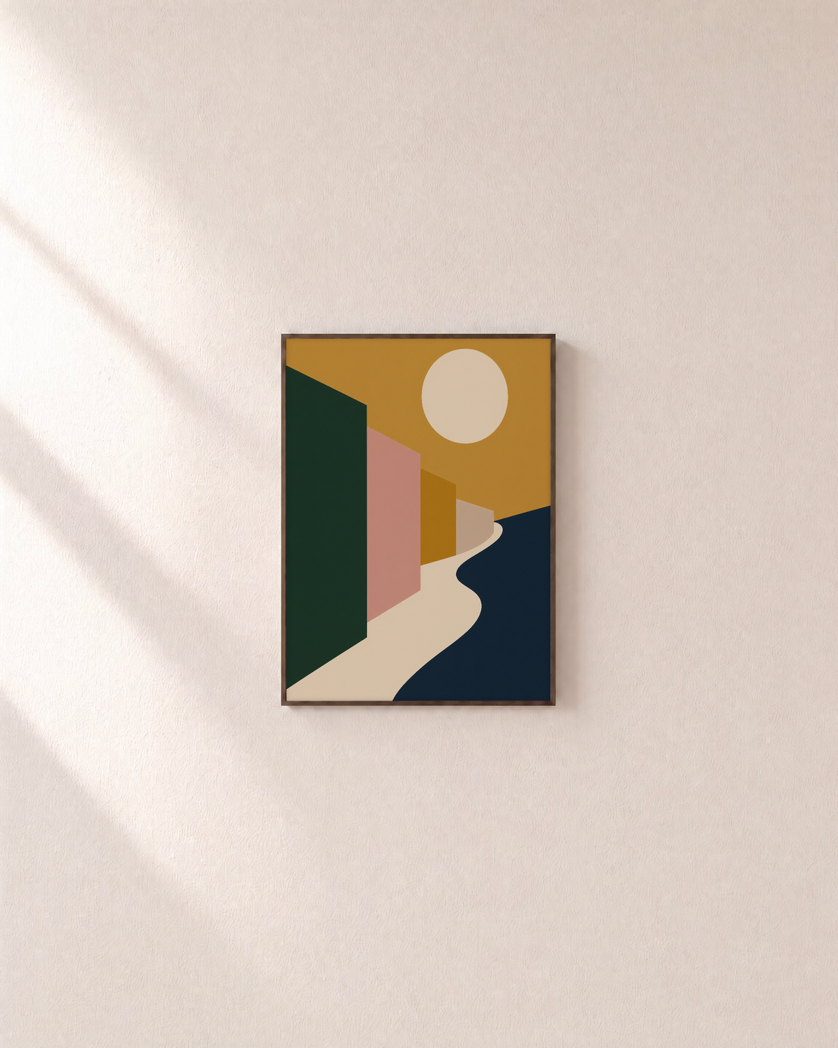 Late Sun mustard geometric landscape wall art: unframed print is shown framed for styling on a plain wall; frame not included