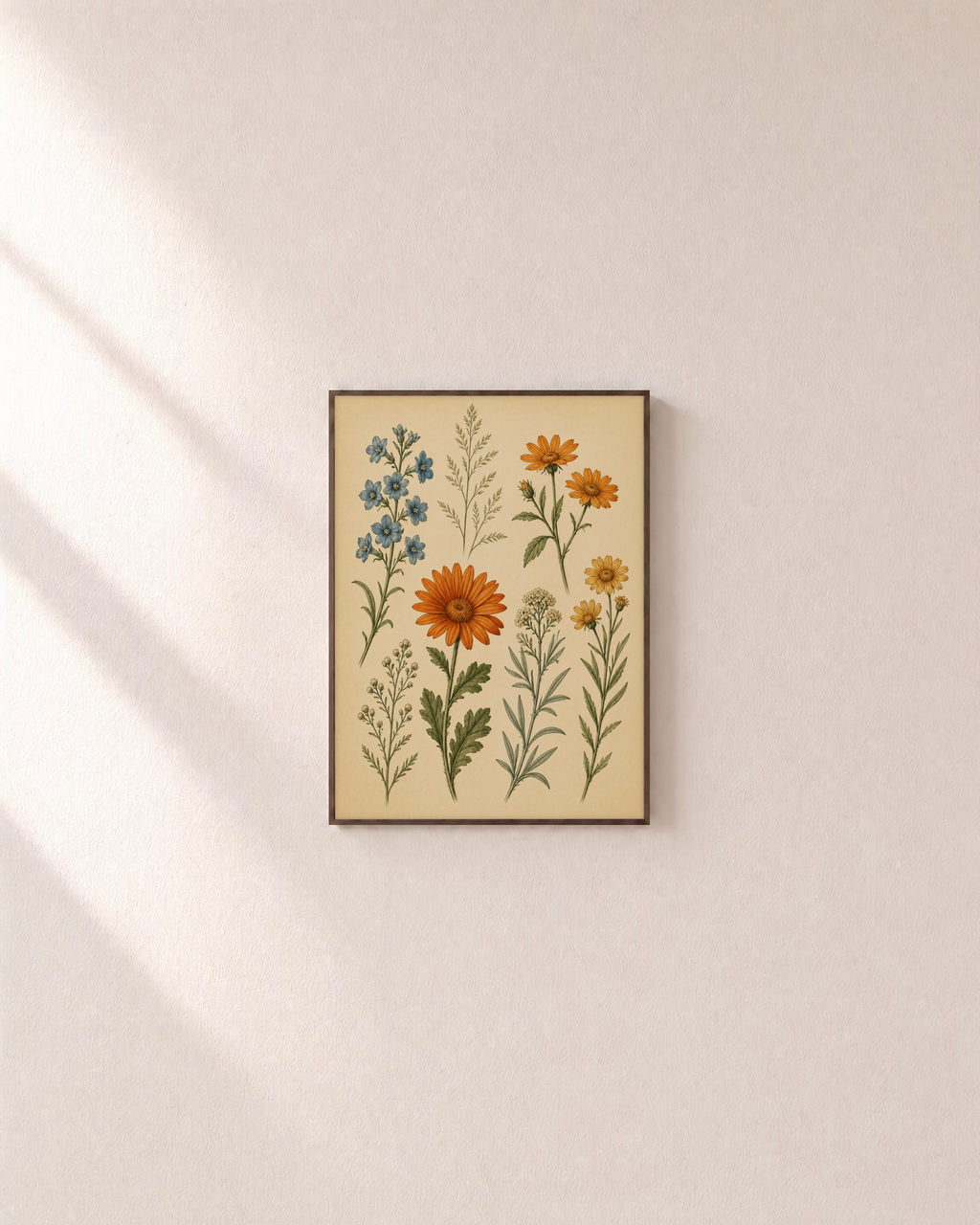 Specimen Daisy ochre daisy plate wall art: unframed print is shown framed for styling on a plain wall; frame not included