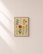 Specimen Daisy ochre daisy plate wall art: unframed print is shown framed for styling on a plain wall; frame not included