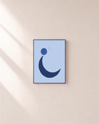 Blue Crescent unframed print is shown framed for styling in a plain wall; frame not included