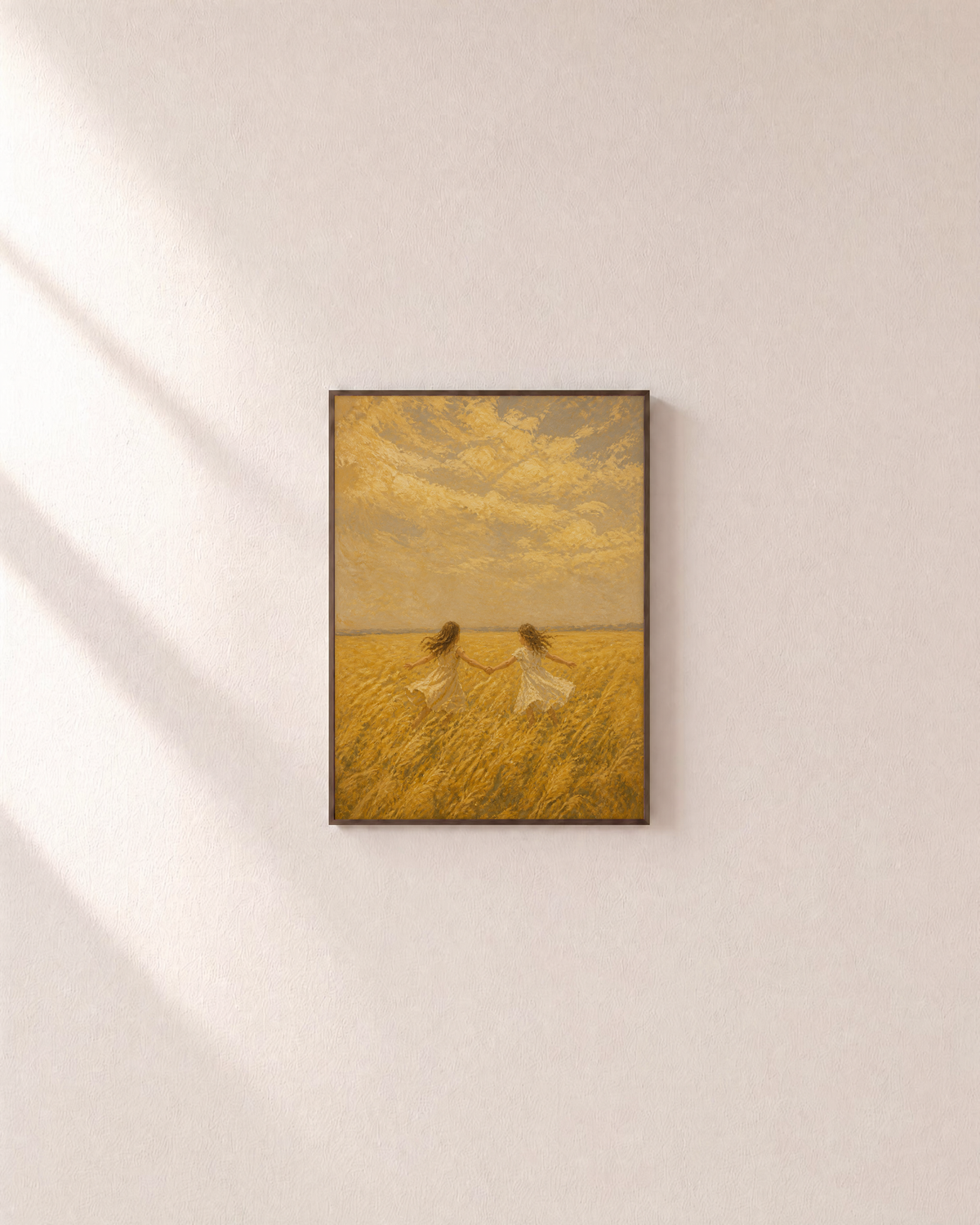 Golden Run golden field print: unframed print is shown framed for styling on a plain wall; frame not included