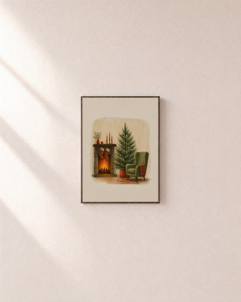 Fireside Eve vintage christmas prints: unframed print is shown framed for styling on a plain wall; frame not included
