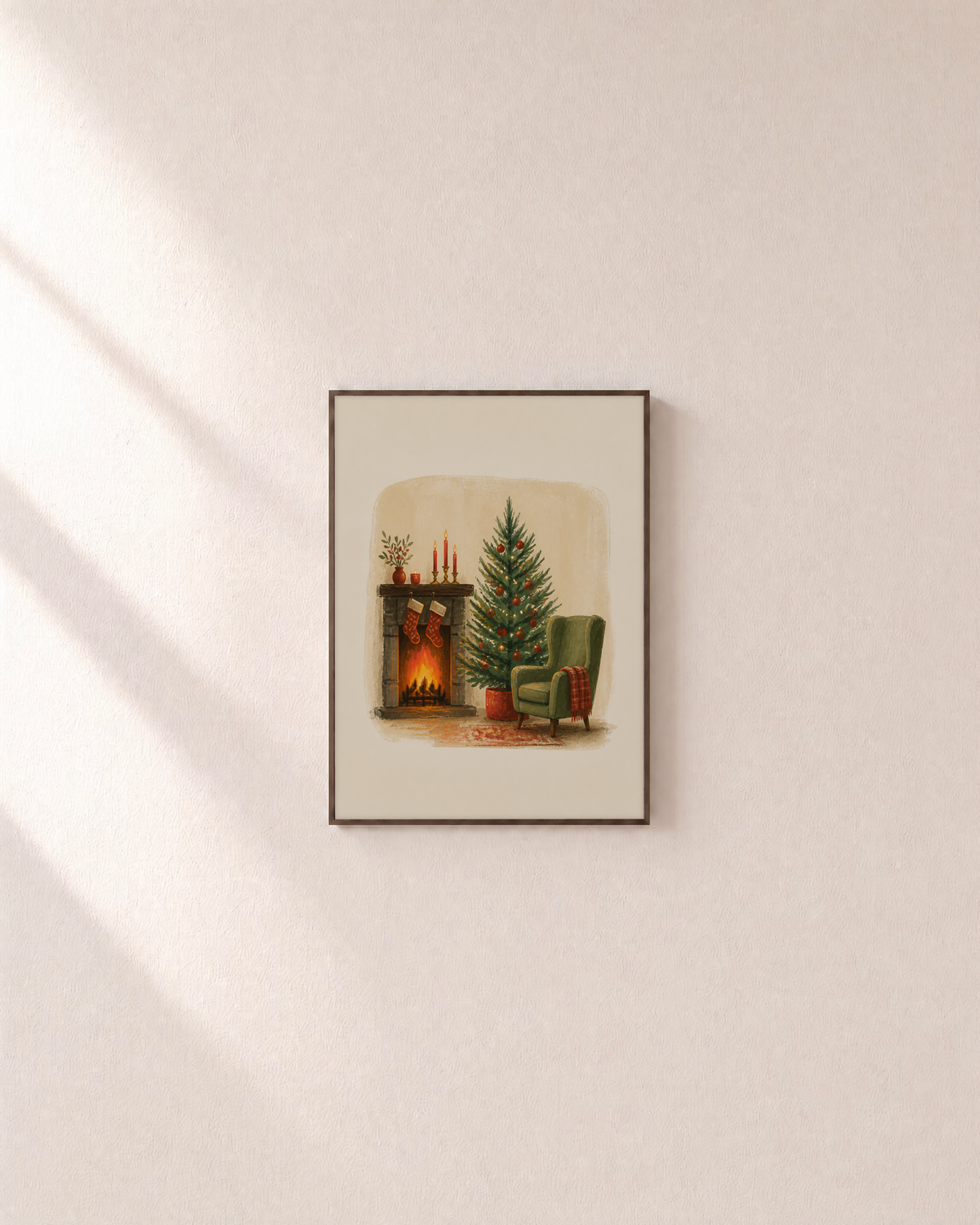 Fireside Eve vintage christmas prints: unframed print is shown framed for styling on a plain wall; frame not included