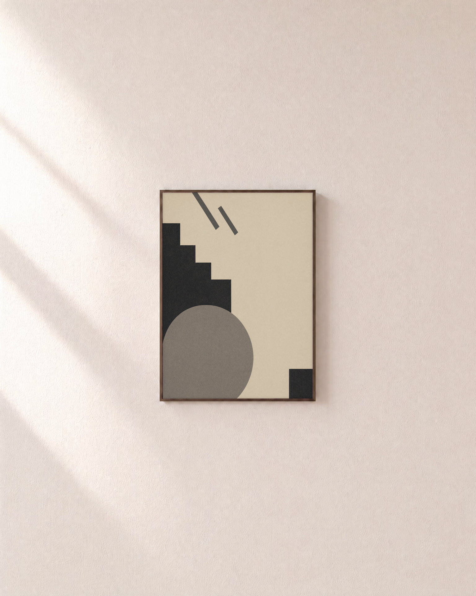 Grey Stair Circle unframed print is shown framed for styling in a plain wall; frame not included