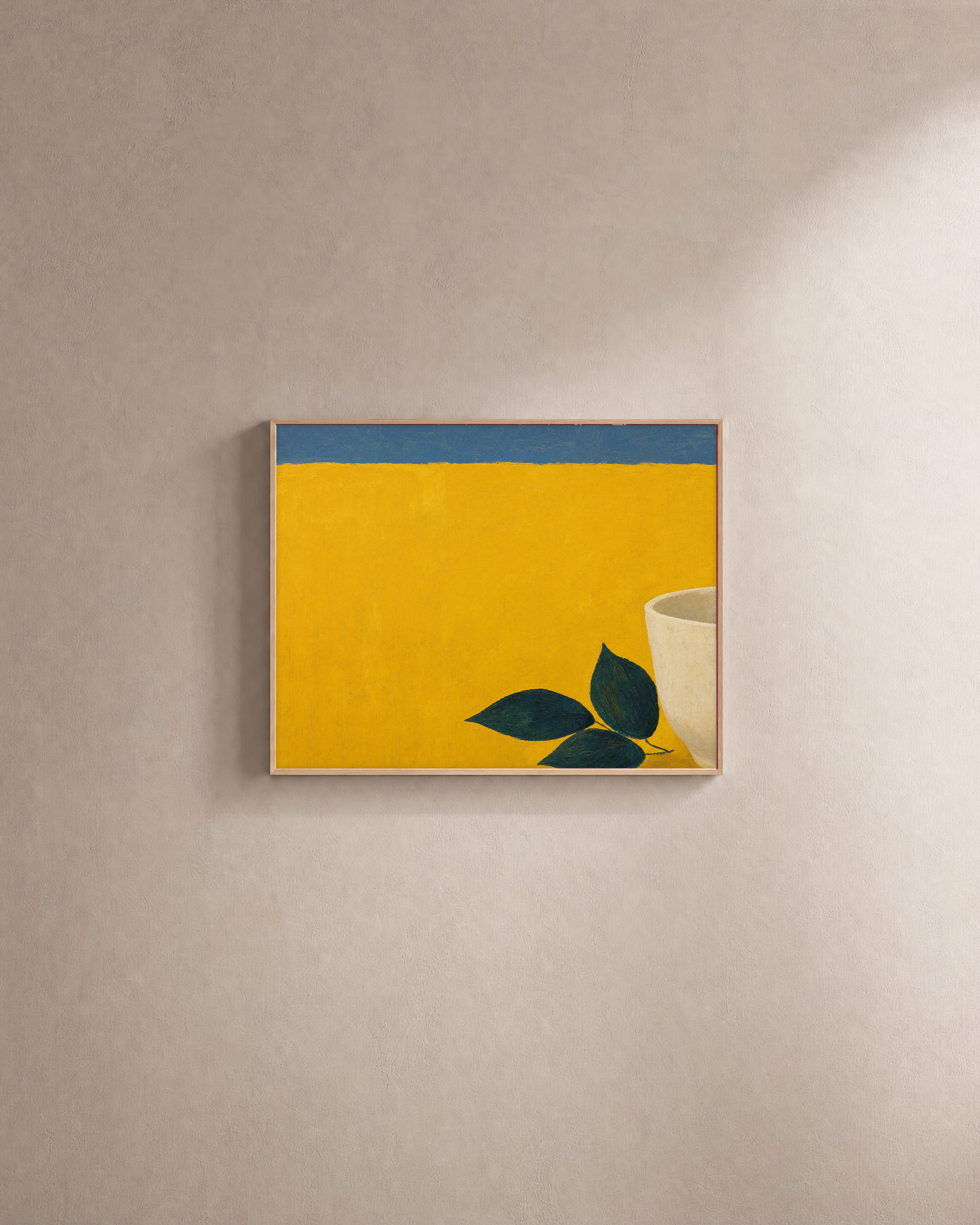 Mustard Leaf Pot Press edition unframed print is shown framed for styling in a plain wall; Frame not included