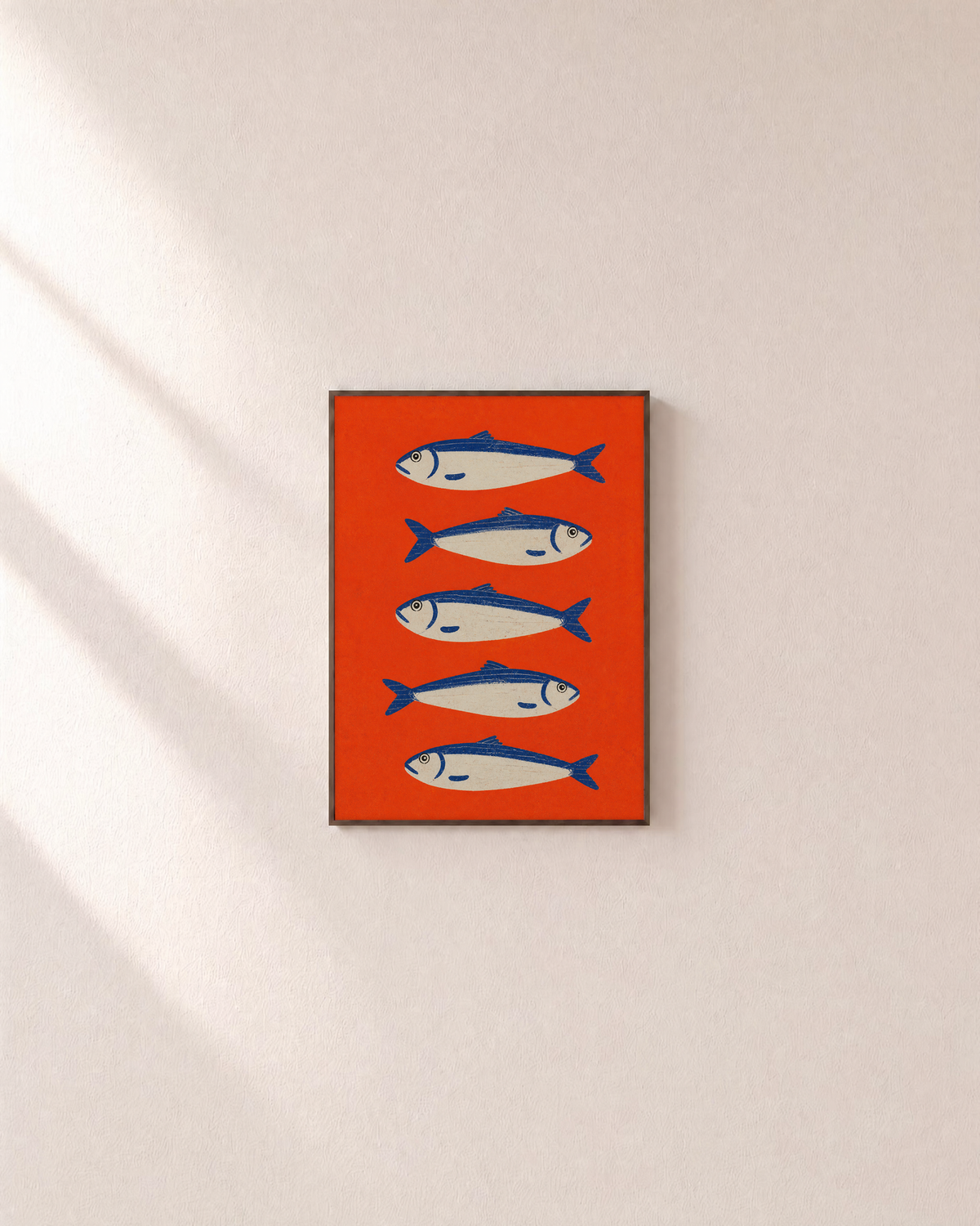 Silver School fish art prints: unframed print is shown framed for styling on a plain wall; frame not included