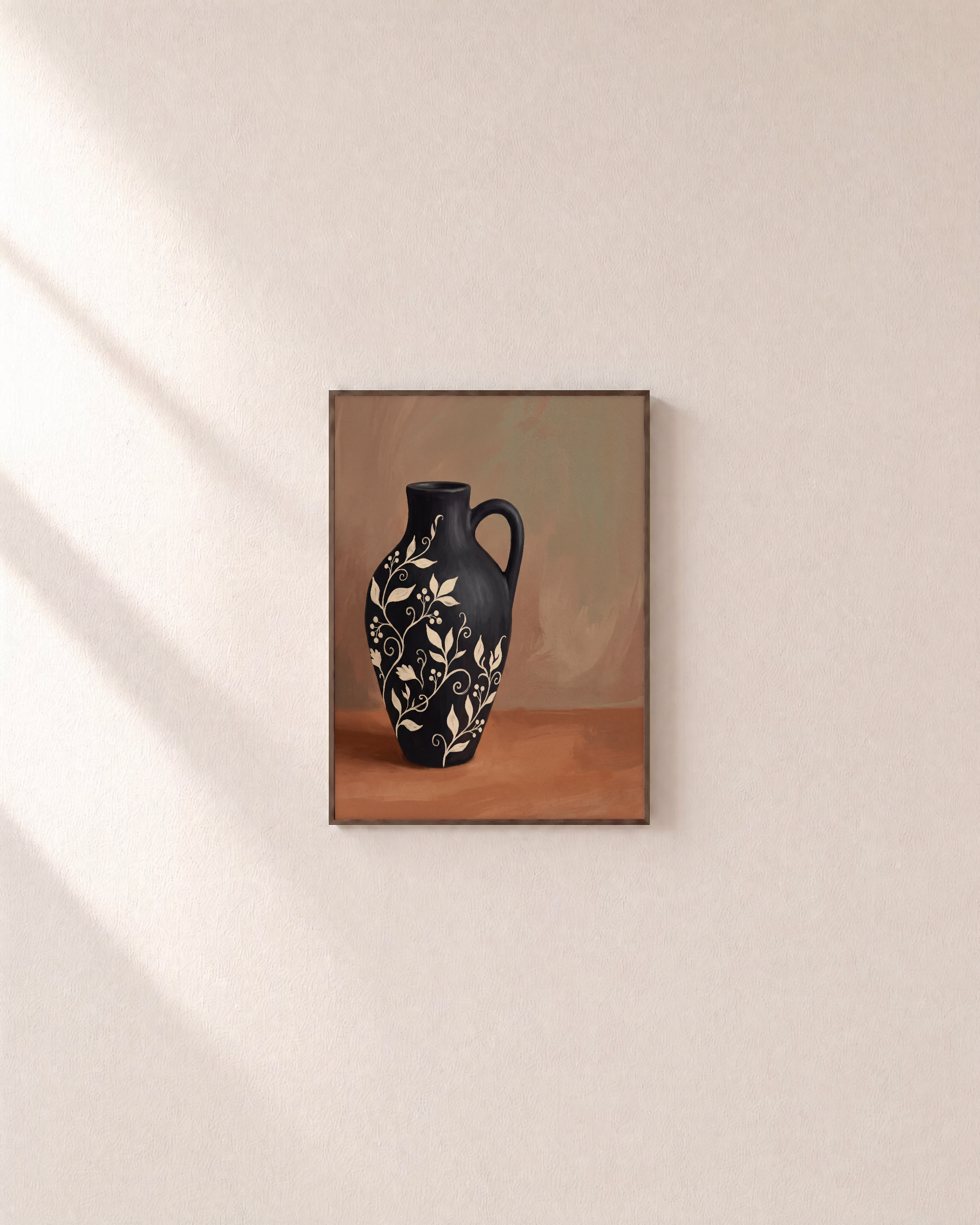 Black Amphora Motif unframed print is shown framed for styling in a plain wall; frame not included