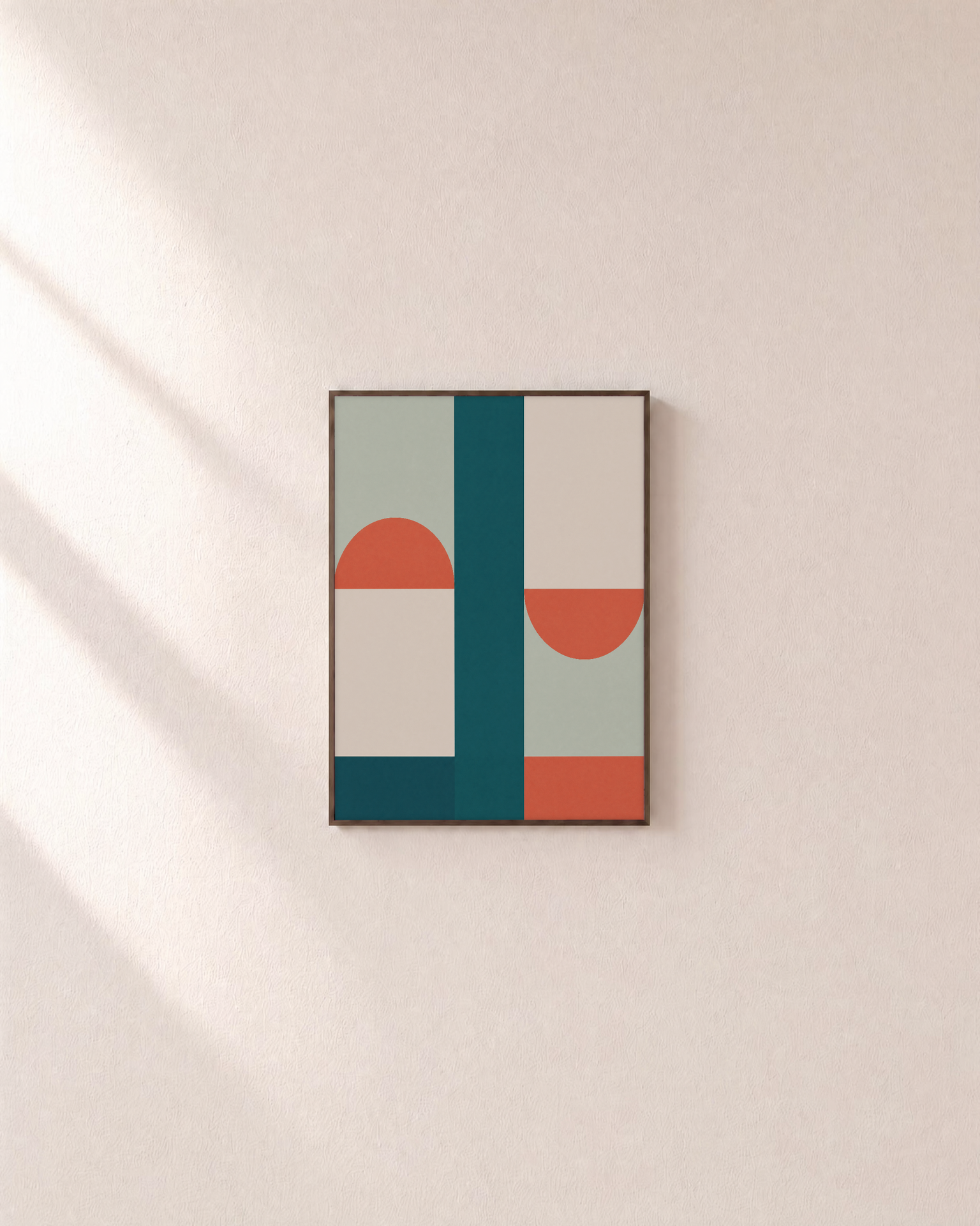 Teal Slab Two Terracotta Caps unframed print is shown framed for styling in a plain wall; frame not included