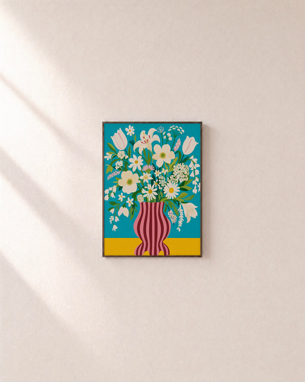 Morning Blooms white bloom pink vase wall art: unframed print is shown framed for styling on a plain wall; frame not included