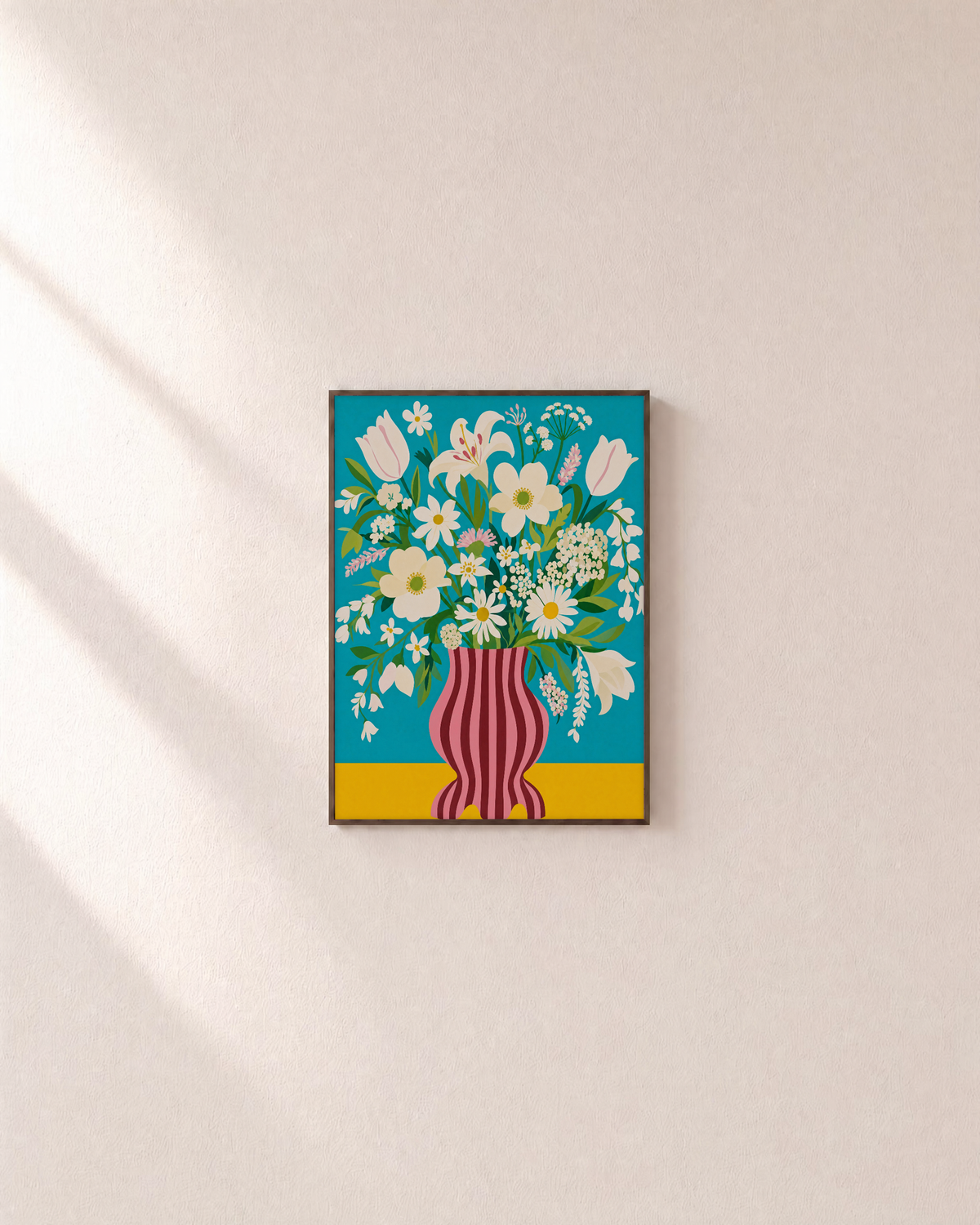 Morning Blooms white bloom pink vase wall art: unframed print is shown framed for styling on a plain wall; frame not included