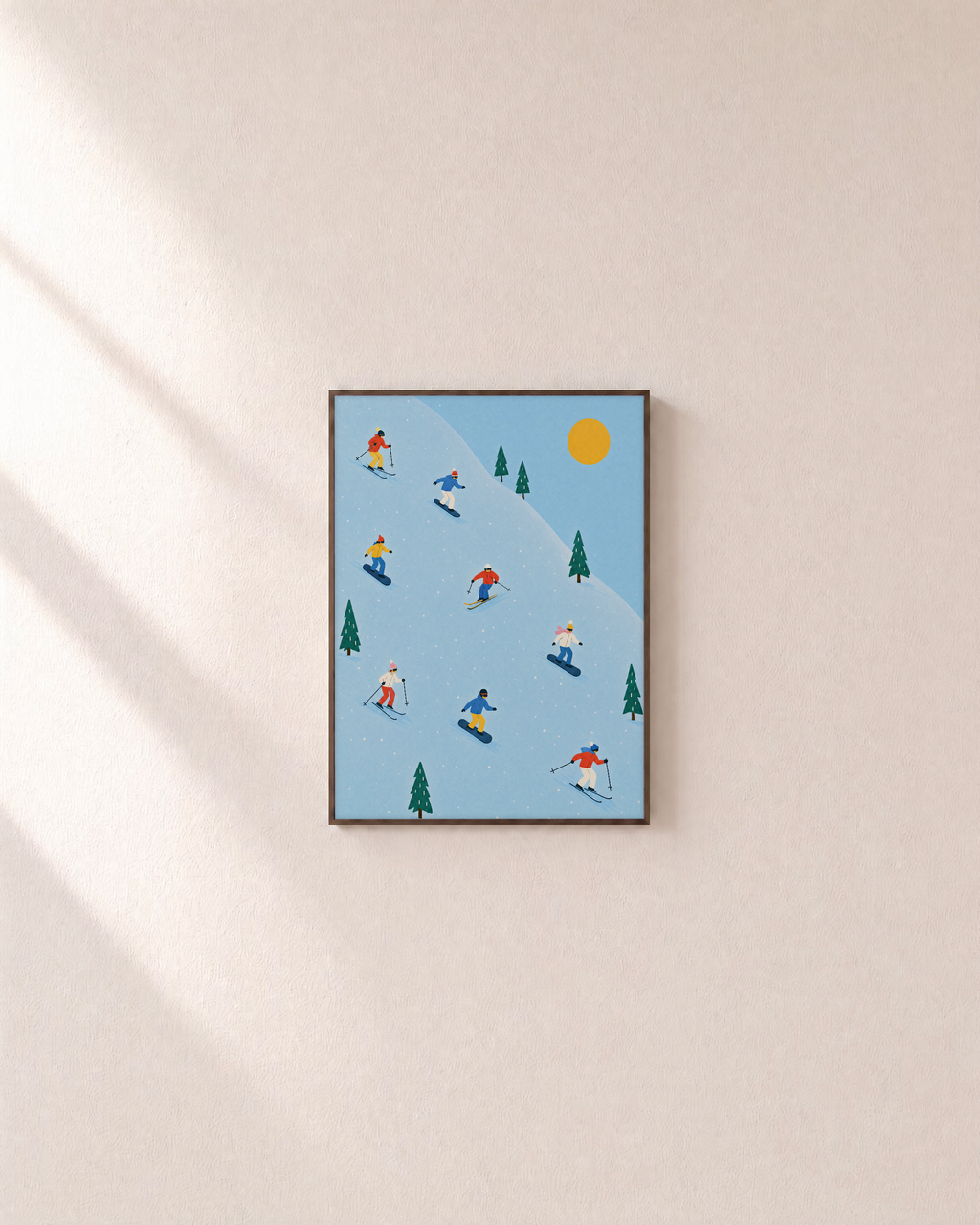 First Run ski snowboard print: unframed print is shown framed for styling on a plain wall; frame not included