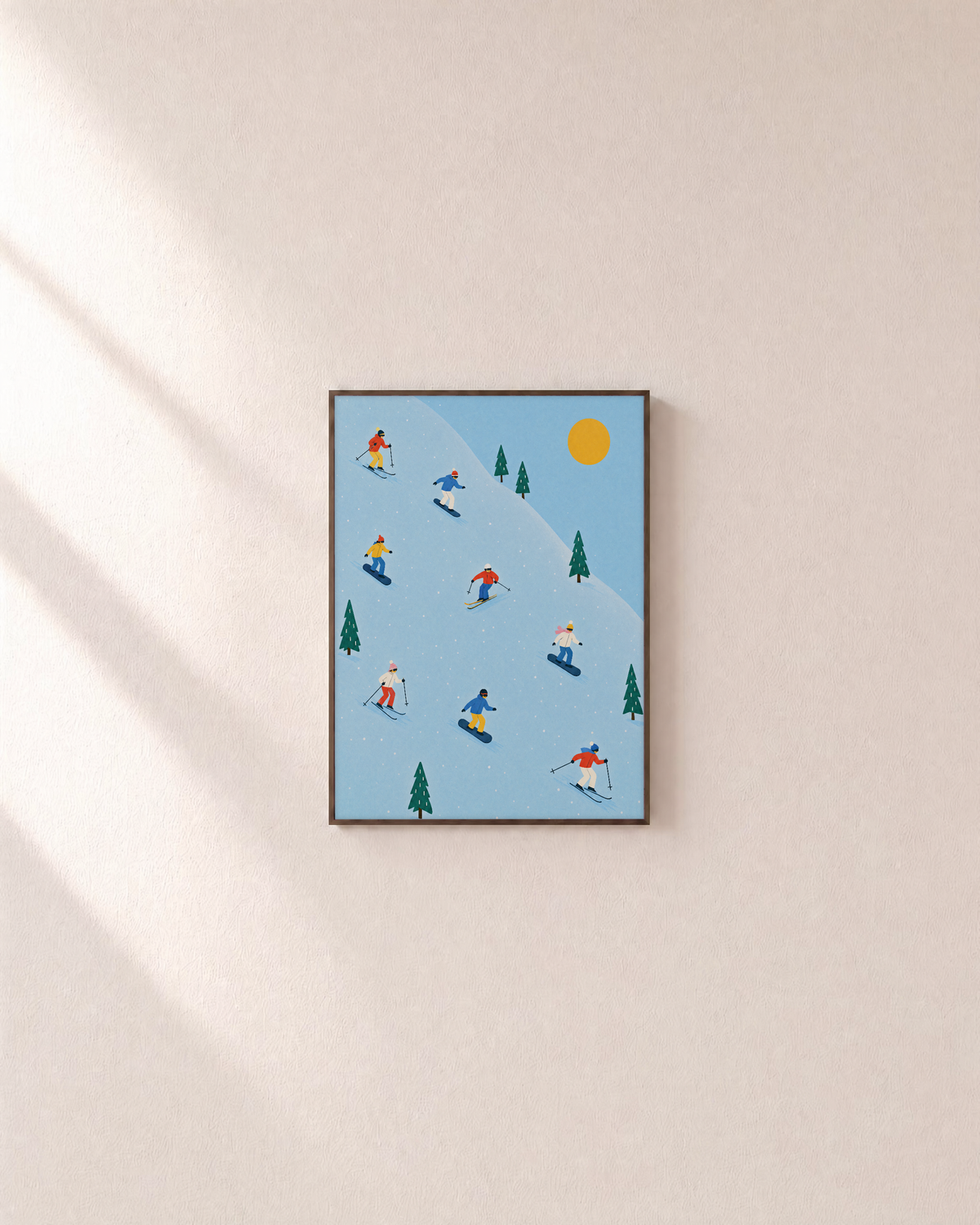 First Run ski snowboard print: unframed print is shown framed for styling on a plain wall; frame not included
