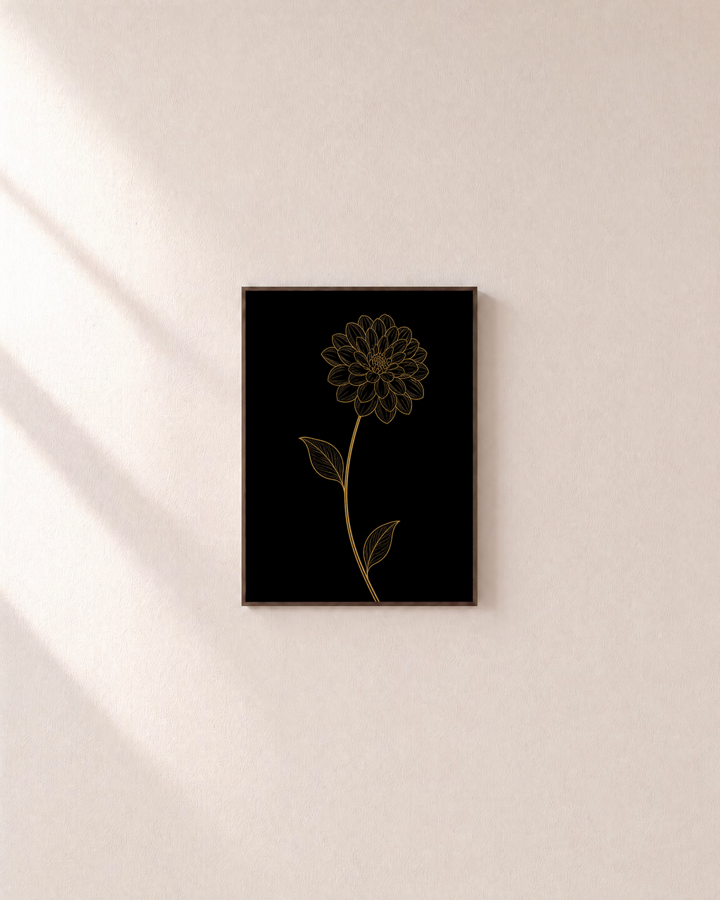 Night Dahlia gold line dahlia print: unframed print is shown framed for styling on a plain wall; frame not included