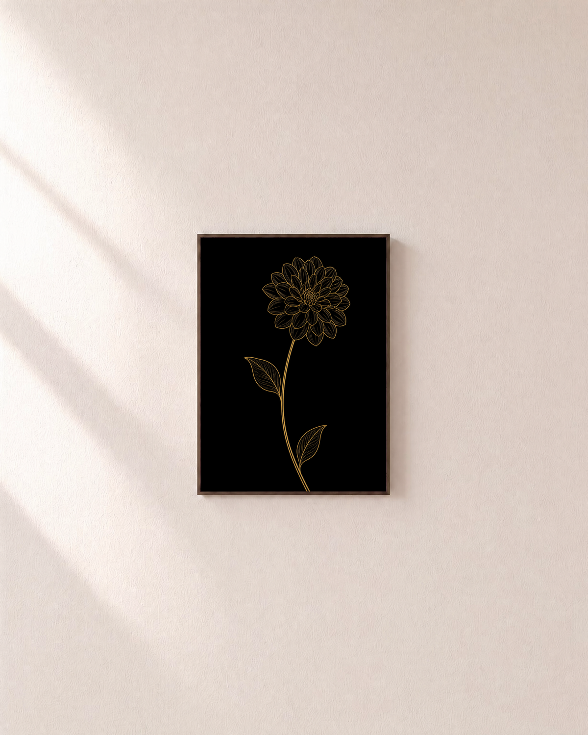 Night Dahlia gold line dahlia print: unframed print is shown framed for styling on a plain wall; frame not included