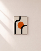 Orange Pause orange disk wall art: unframed print is shown framed for styling on a plain wall; frame not included