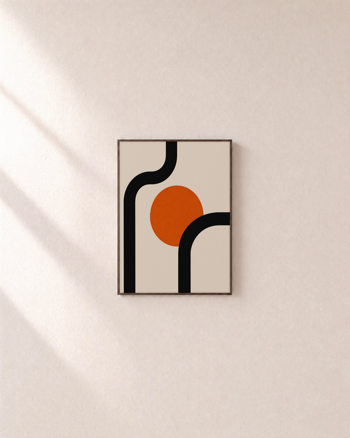 Orange Pause orange disk wall art: unframed print is shown framed for styling on a plain wall; frame not included