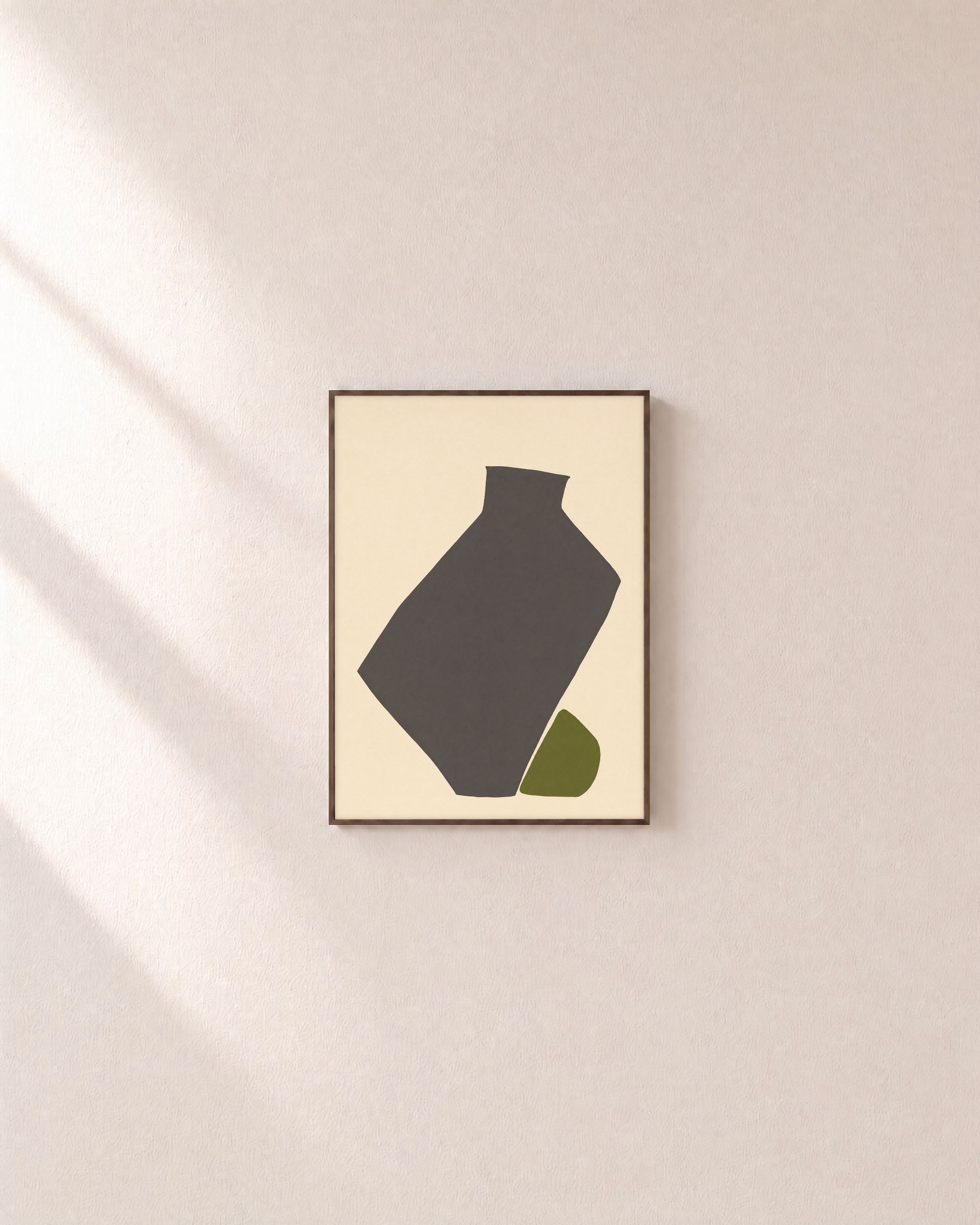 Olive Vessel unframed print is shown framed for styling in a plain wall; frame not included