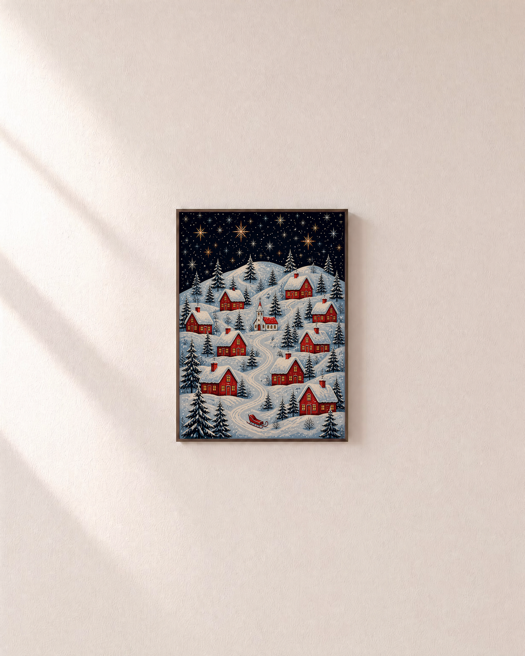 Hill After Dark hillside village print: unframed print is shown framed for styling on a plain wall; frame not included