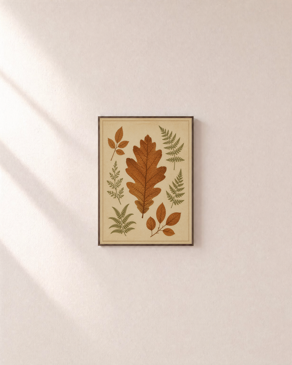 Oak Keeper vintage fern prints: unframed print is shown framed for styling on a plain wall; frame not included