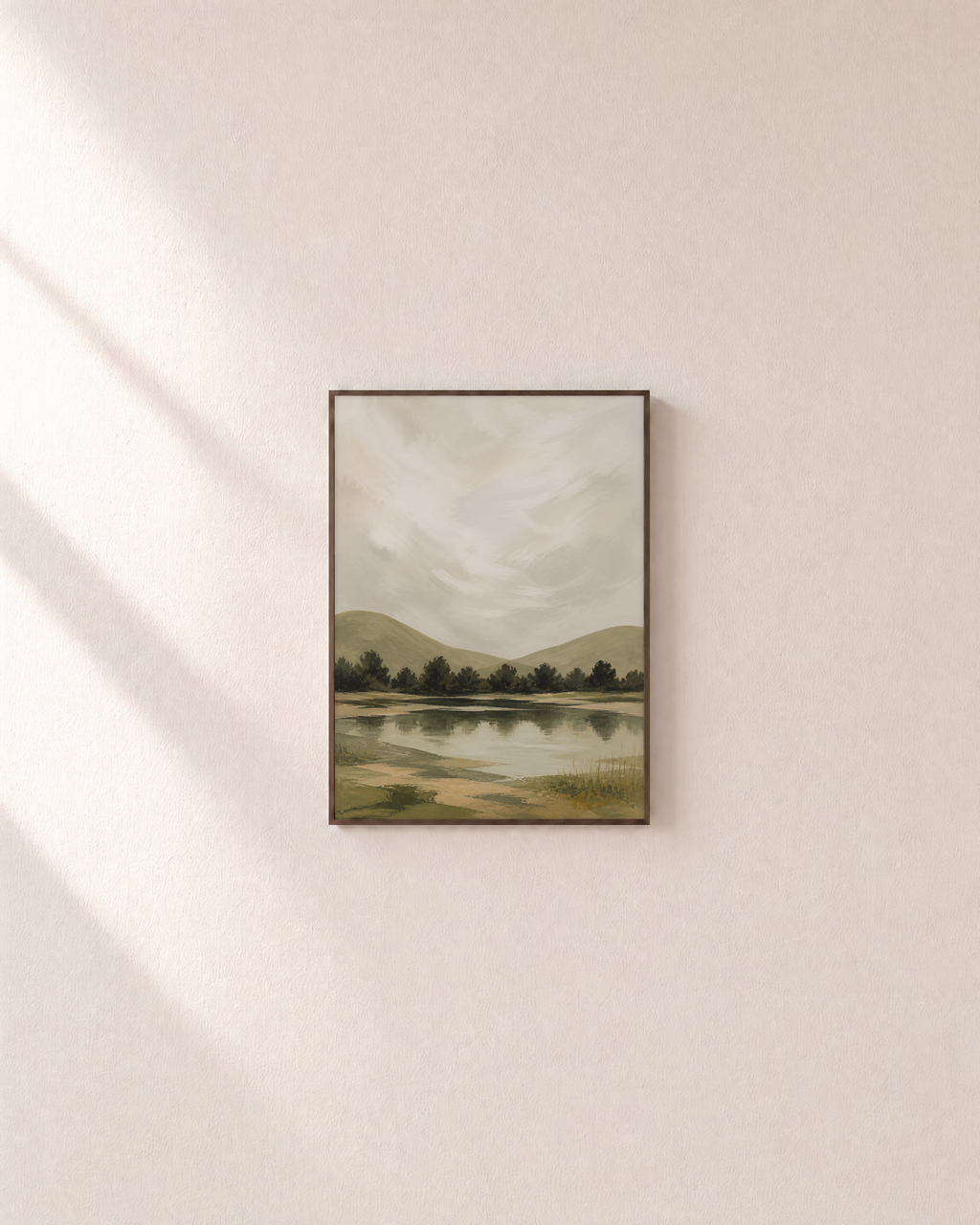Still Water scenic wall art: unframed print is shown framed for styling on a plain wall; frame not included