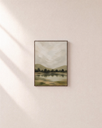 Still Water scenic wall art: unframed print is shown framed for styling on a plain wall; frame not included