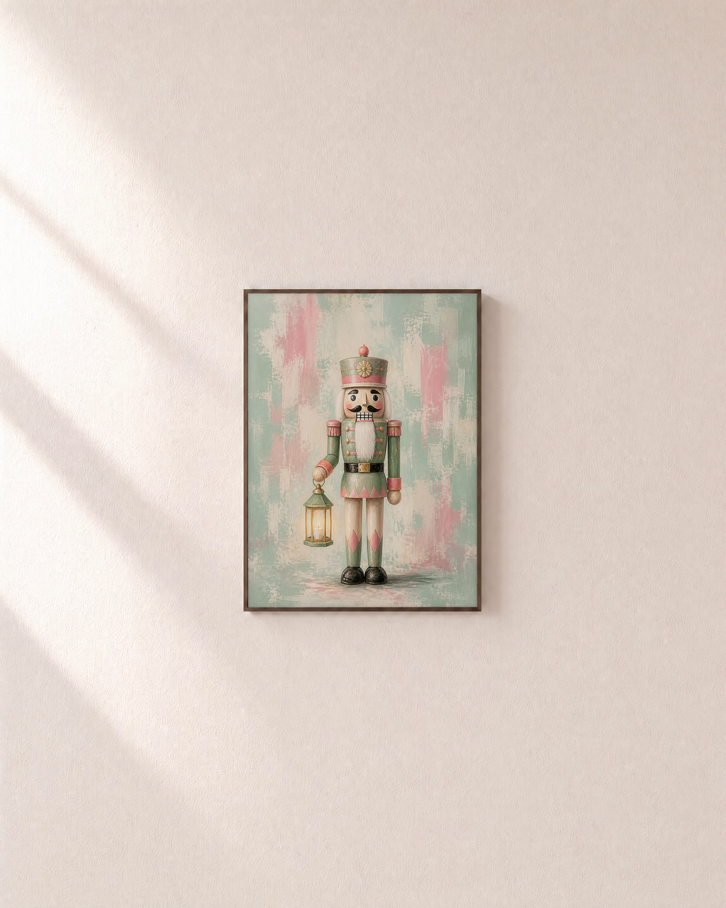 Lantern Nutcracker pastel nutcracker print: unframed print is shown framed for styling on a plain wall; frame not included
