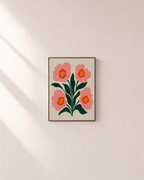 Coral Quartet four coral bloom print: unframed print is shown framed for styling on a plain wall; frame not included