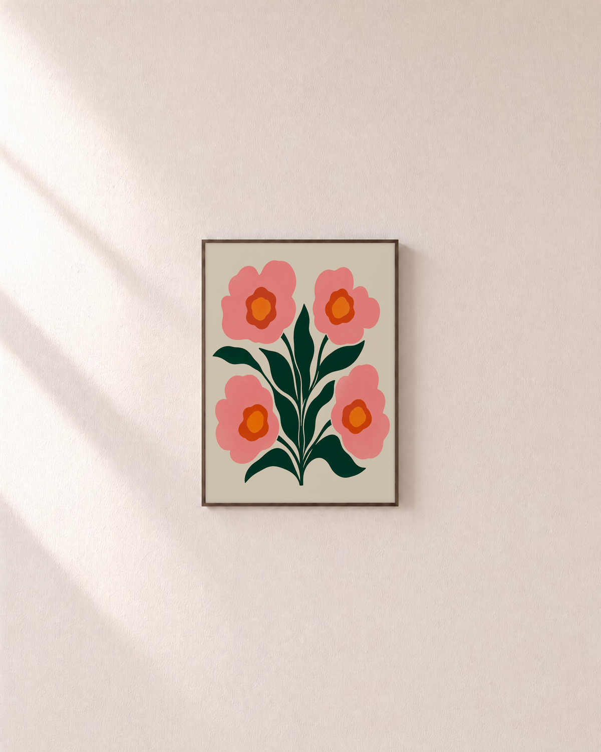 Coral Quartet four coral bloom print: unframed print is shown framed for styling on a plain wall; frame not included