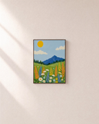Meadow Morning wildflower wall art: unframed print is shown framed for styling on a plain wall; frame not included