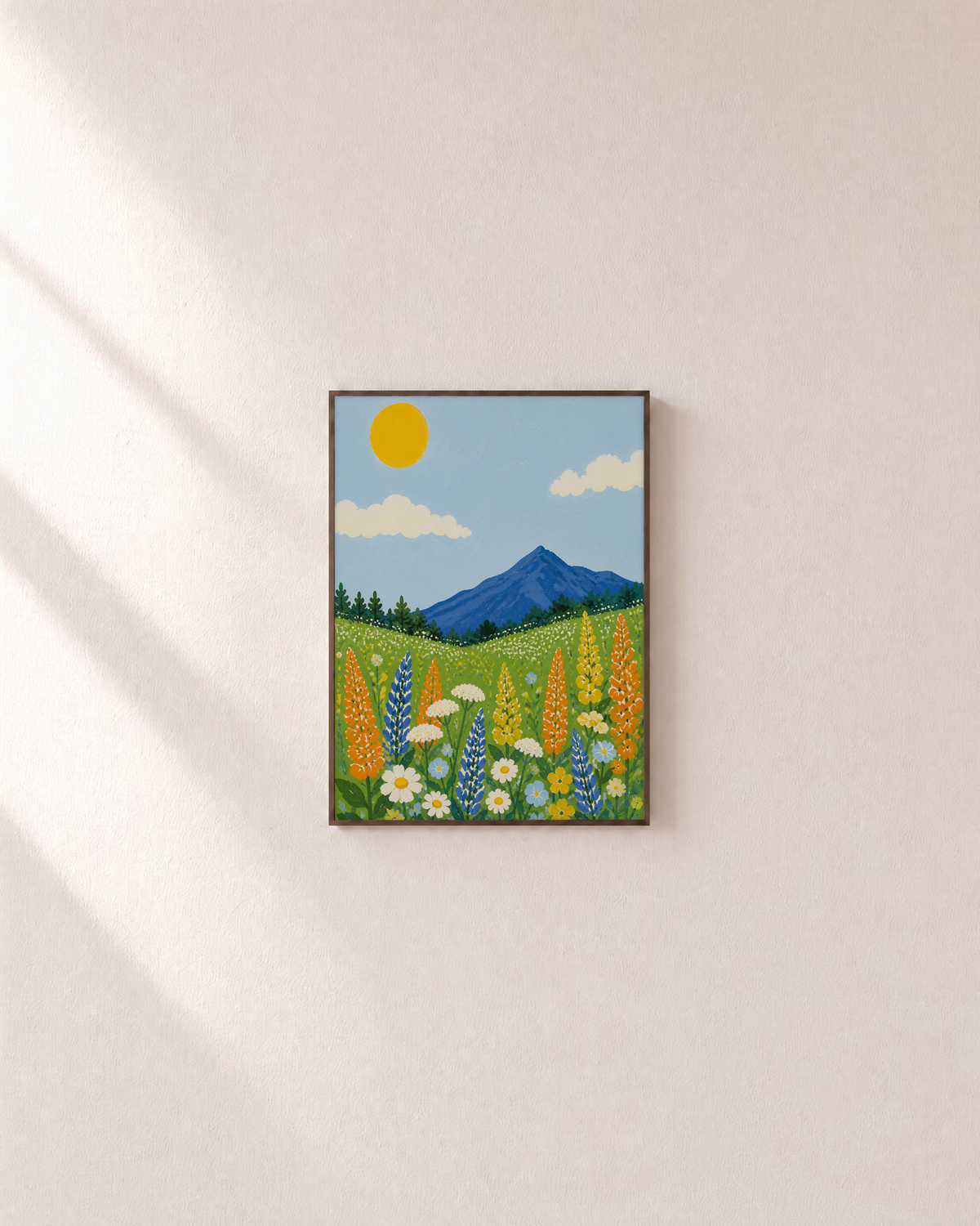 Meadow Morning wildflower wall art: unframed print is shown framed for styling on a plain wall; frame not included