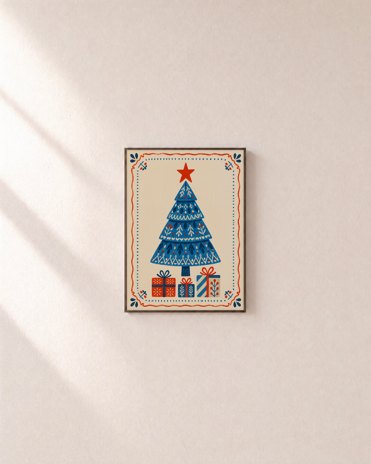 Gift Tree modern christmas wall art: unframed print is shown framed for styling on a plain wall; frame not included
