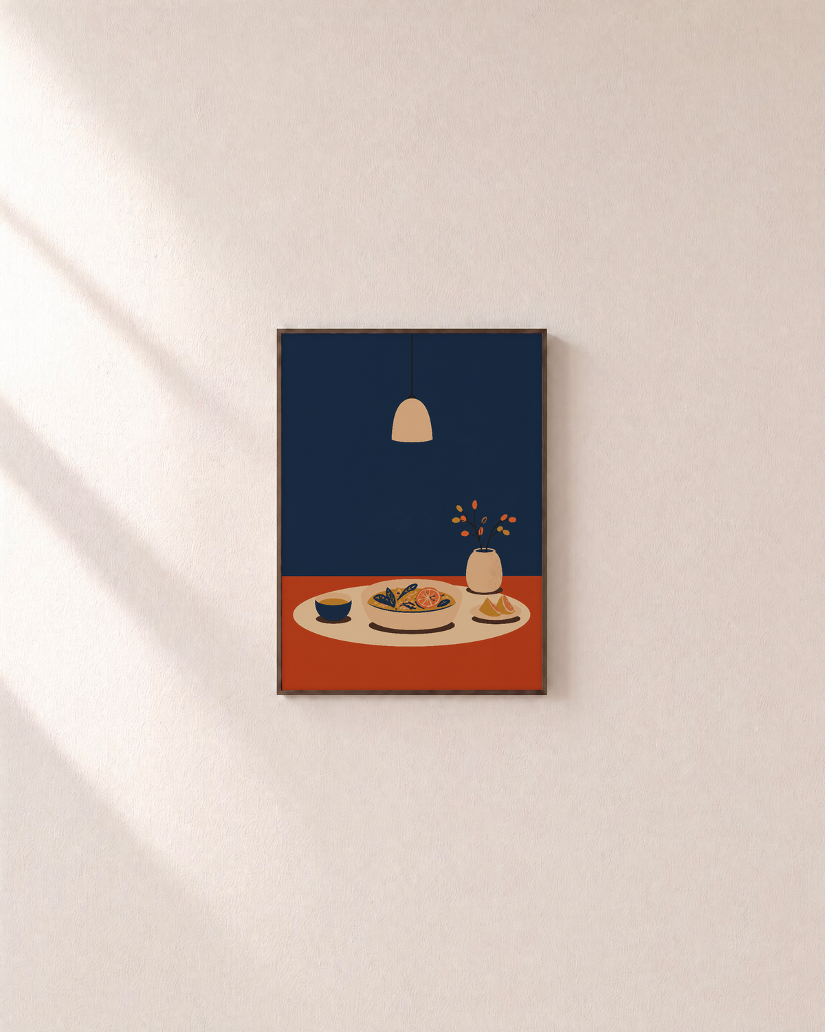 Supper Light dinner table wall art: unframed print is shown framed for styling on a plain wall; frame not included