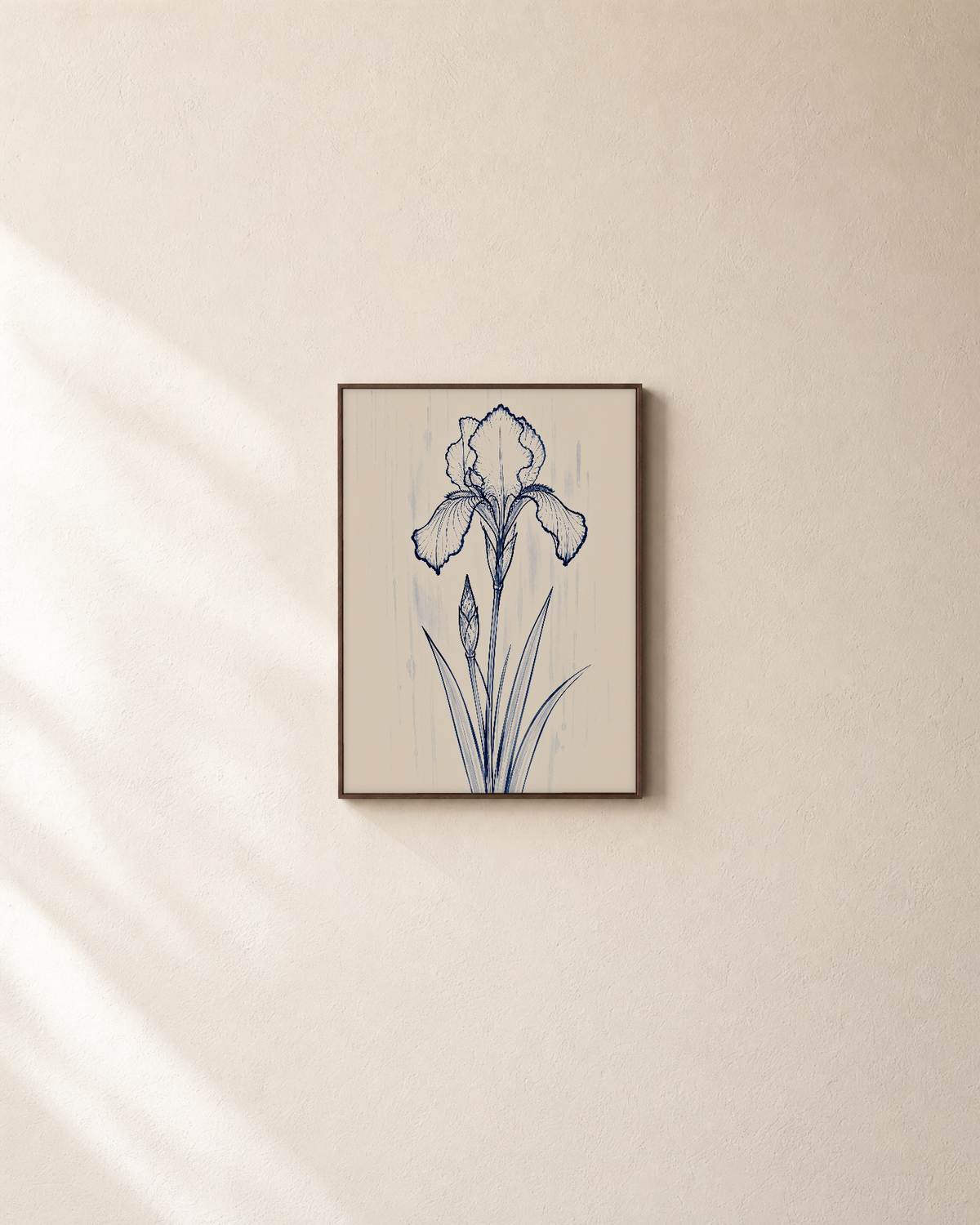 Ink Rain One Iris unframed print is shown framed for styling in a plain wall; frame not included