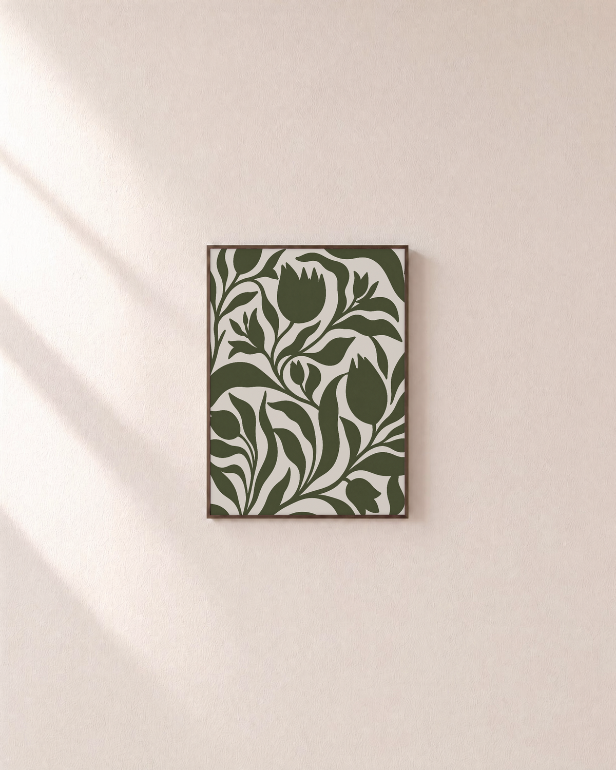 Bud Hour olive tulip silhouette wall art: unframed print is shown framed for styling on a plain wall; frame not included