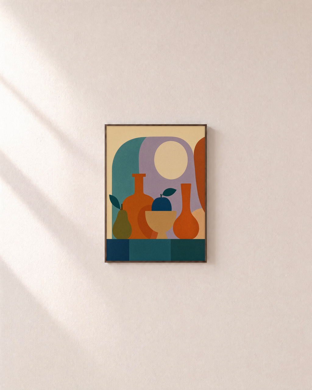 Shelf Fruit orange vessel still life wall art: unframed print is shown framed for styling on a plain wall; frame not included