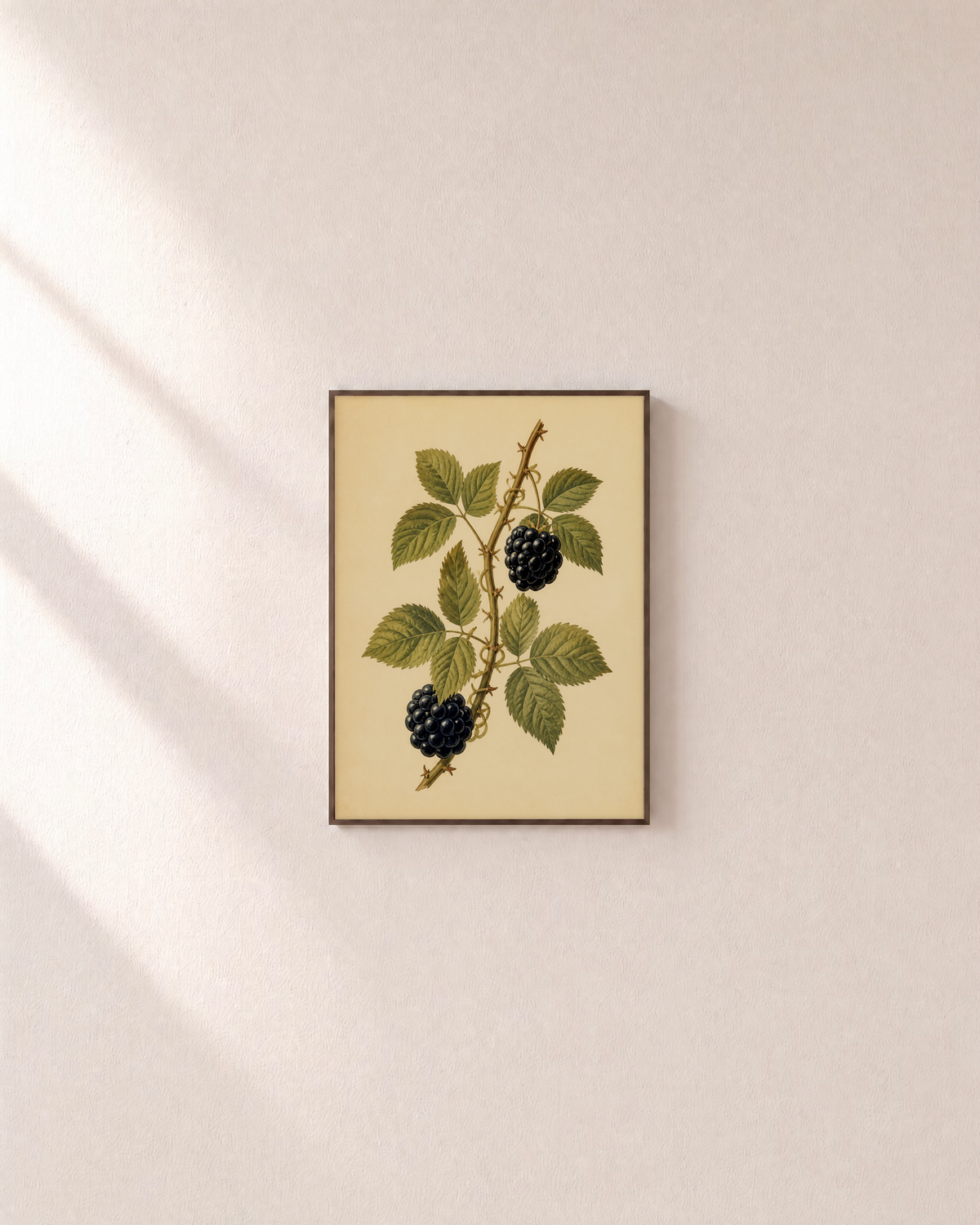 Bramble Season blackberry print: unframed print is shown framed for styling on a plain wall; frame not included