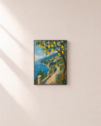 Lemon Path lemon tree wall art: unframed print is shown framed for styling on a plain wall; frame not included