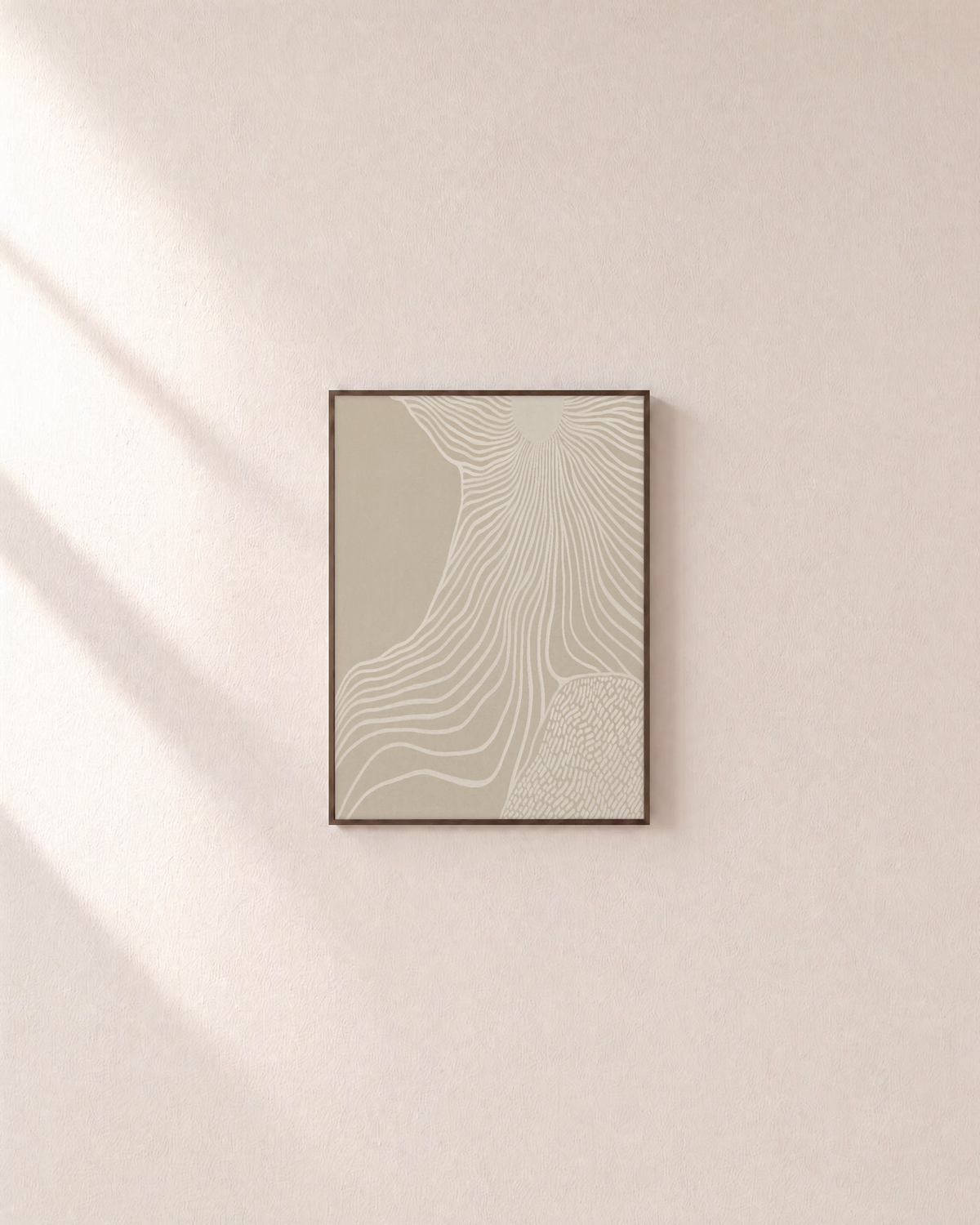 Off-White Circle Lines on Beige abstract circle lines wall art print: unframed print is shown framed for styling on a plain wall; frame not included