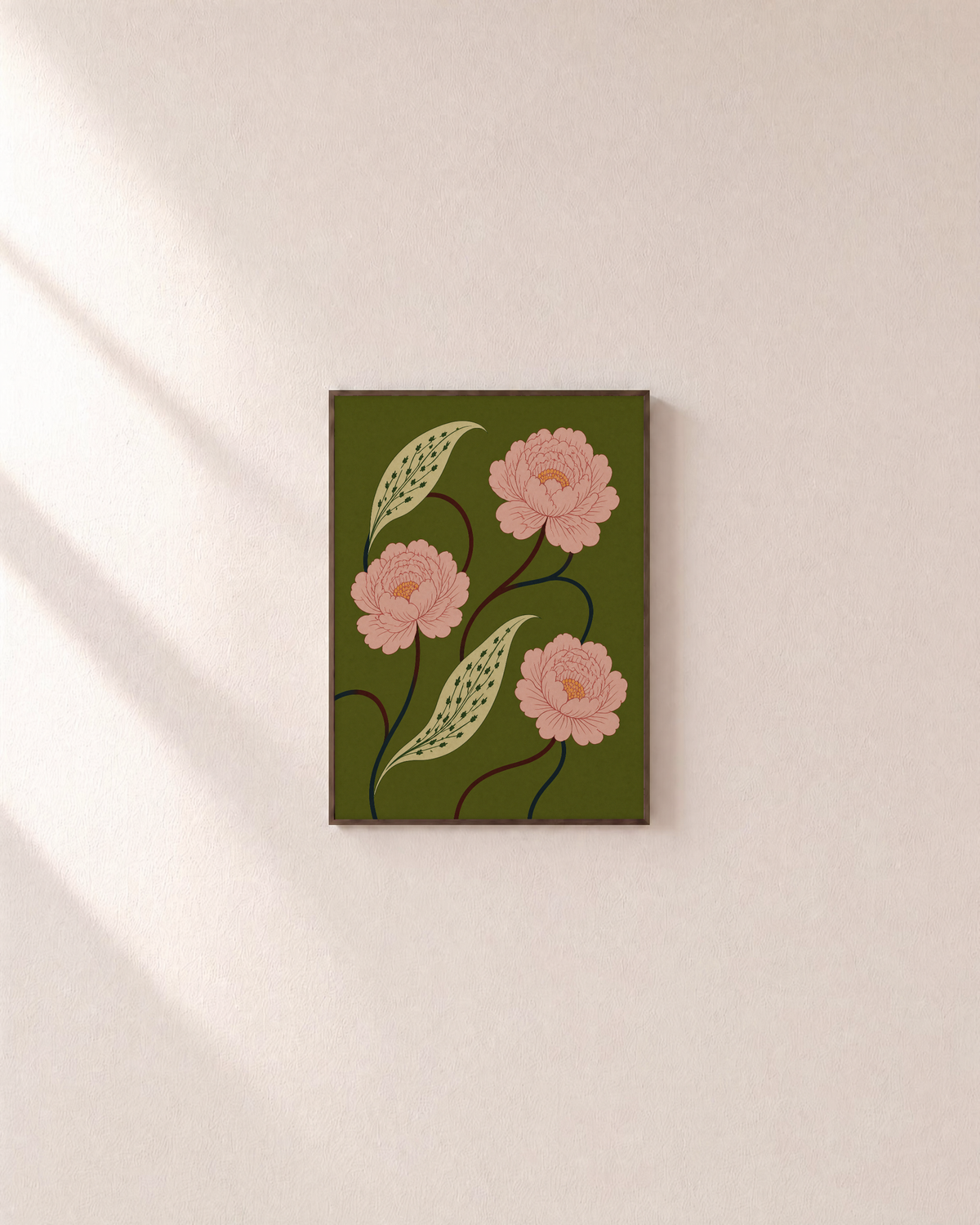 Peony Trio olive peony wall art: unframed print is shown framed for styling on a plain wall; frame not included