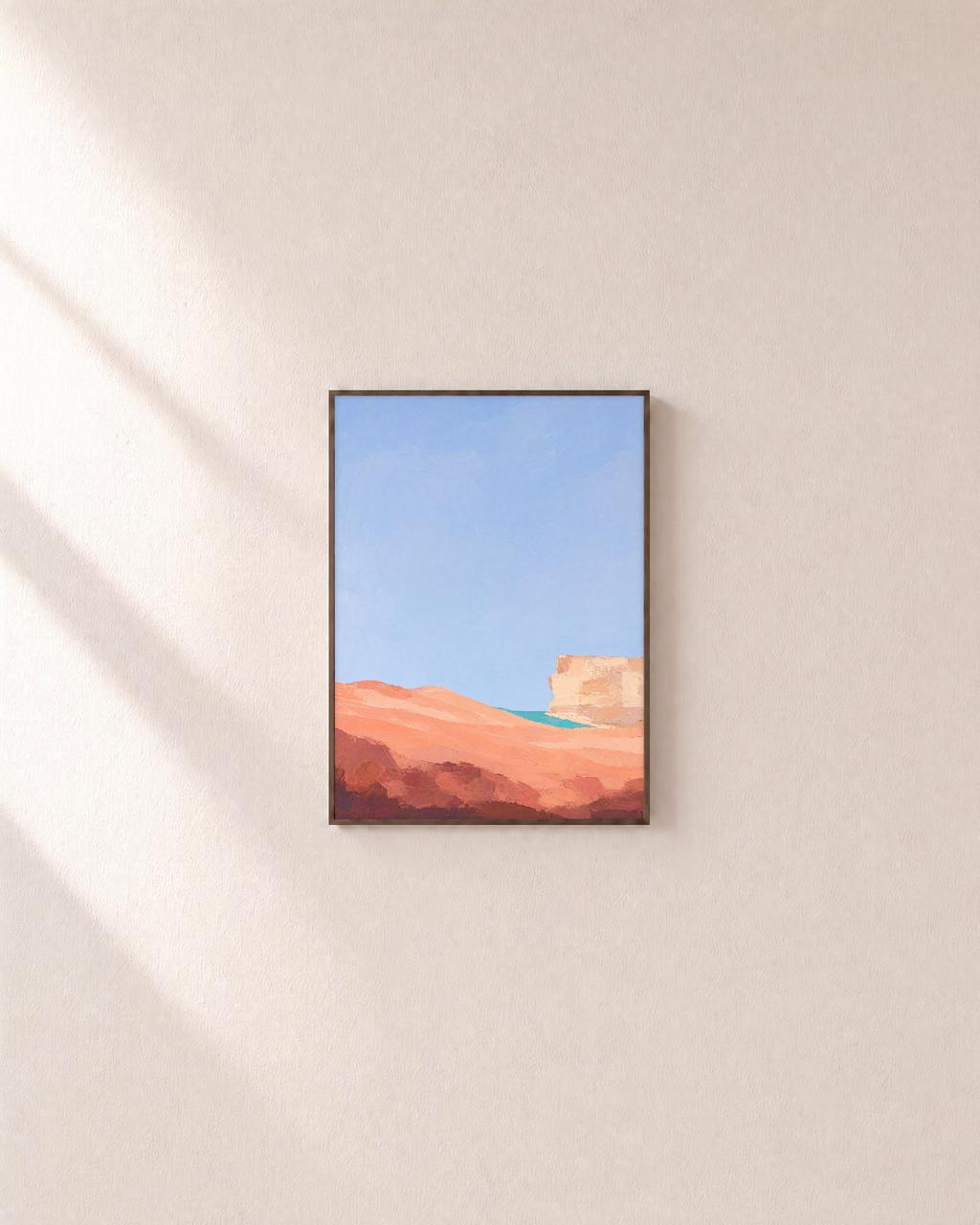 Peach Dune Blue Press edition unframed print is shown framed for styling in a plain wall; Frame not included