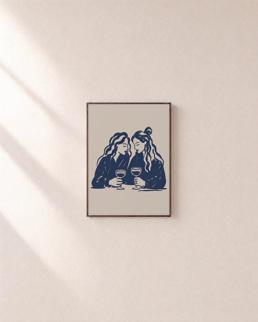 Wine Friends wine friends print: unframed print is shown framed for styling on a plain wall; frame not included