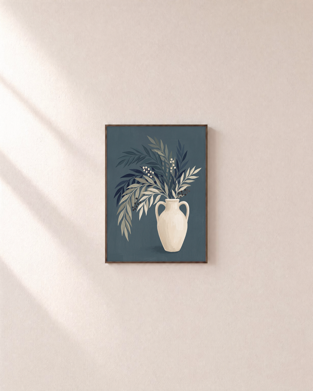 Teal Willow Pitcher unframed print is shown framed for styling in a plain wall; frame not included