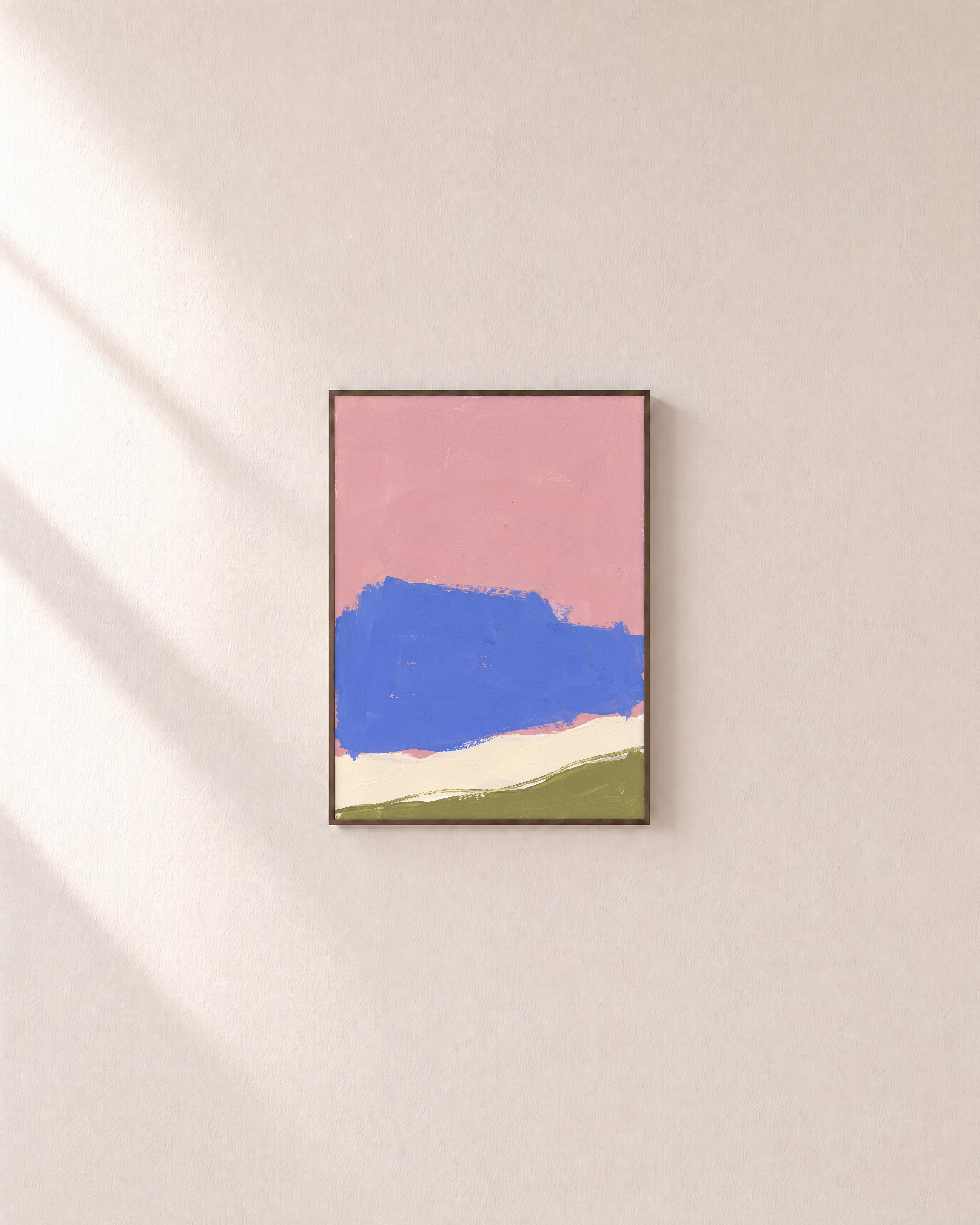 Blue Cliff Pink unframed print is shown framed for styling in a plain wall; frame not included
