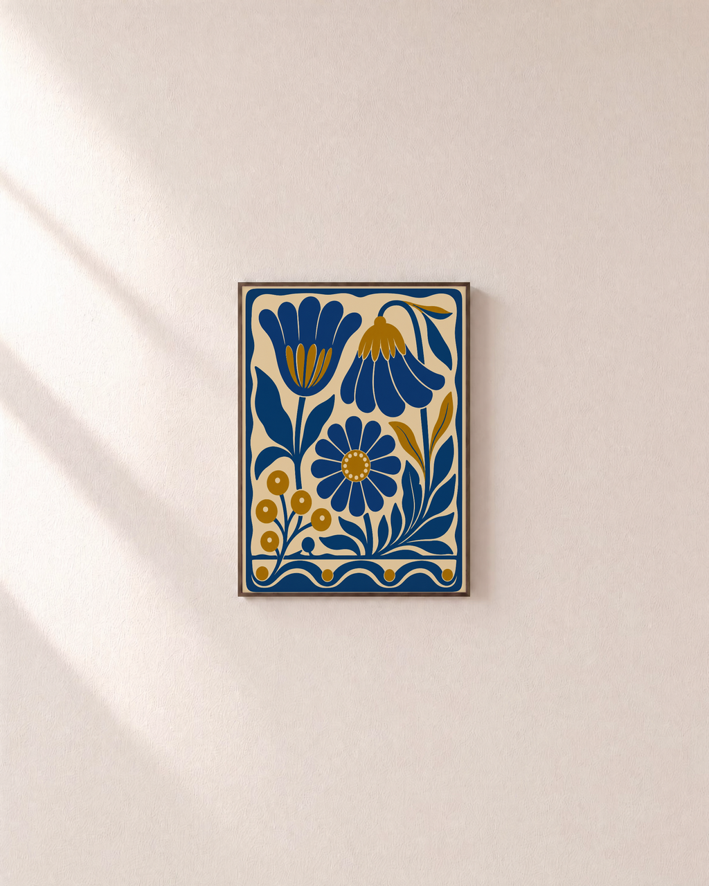 Gold Daisy vintage floral art print: unframed print is shown framed for styling on a plain wall; frame not included