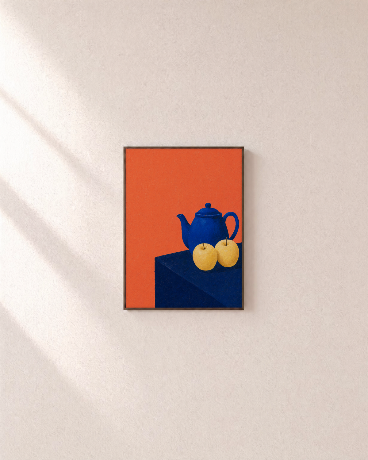 Cobalt Teapot Two Apples unframed print is shown framed for styling in a plain wall; frame not included