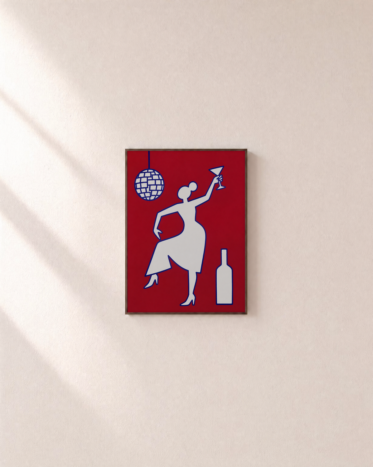 Disco Toast crimson disco print: unframed print is shown framed for styling on a plain wall; frame not included
