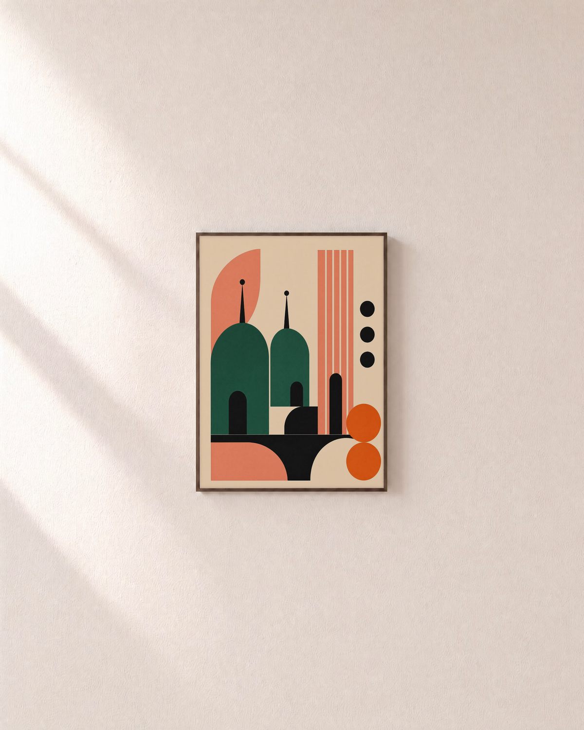 Signal Tower green dome coral tower wall art: unframed print is shown framed for styling on a plain wall; frame not included