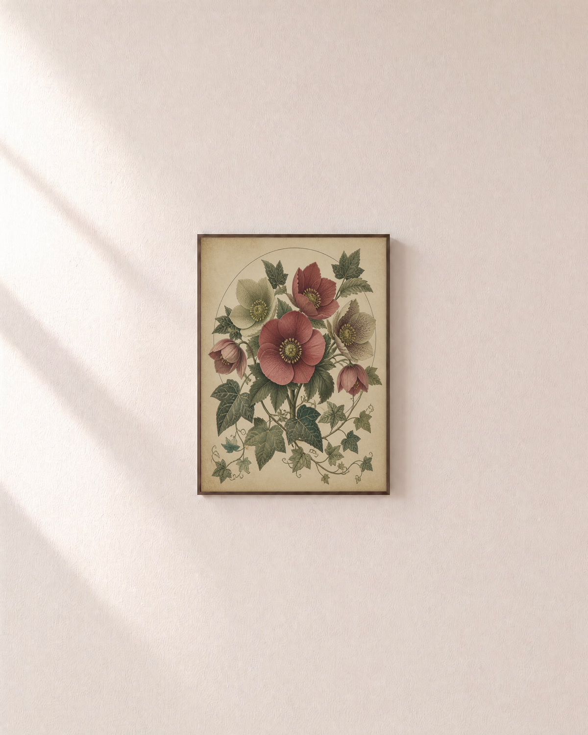 Hellebore Plate hellebore plate print: unframed print is shown framed for styling on a plain wall; frame not included